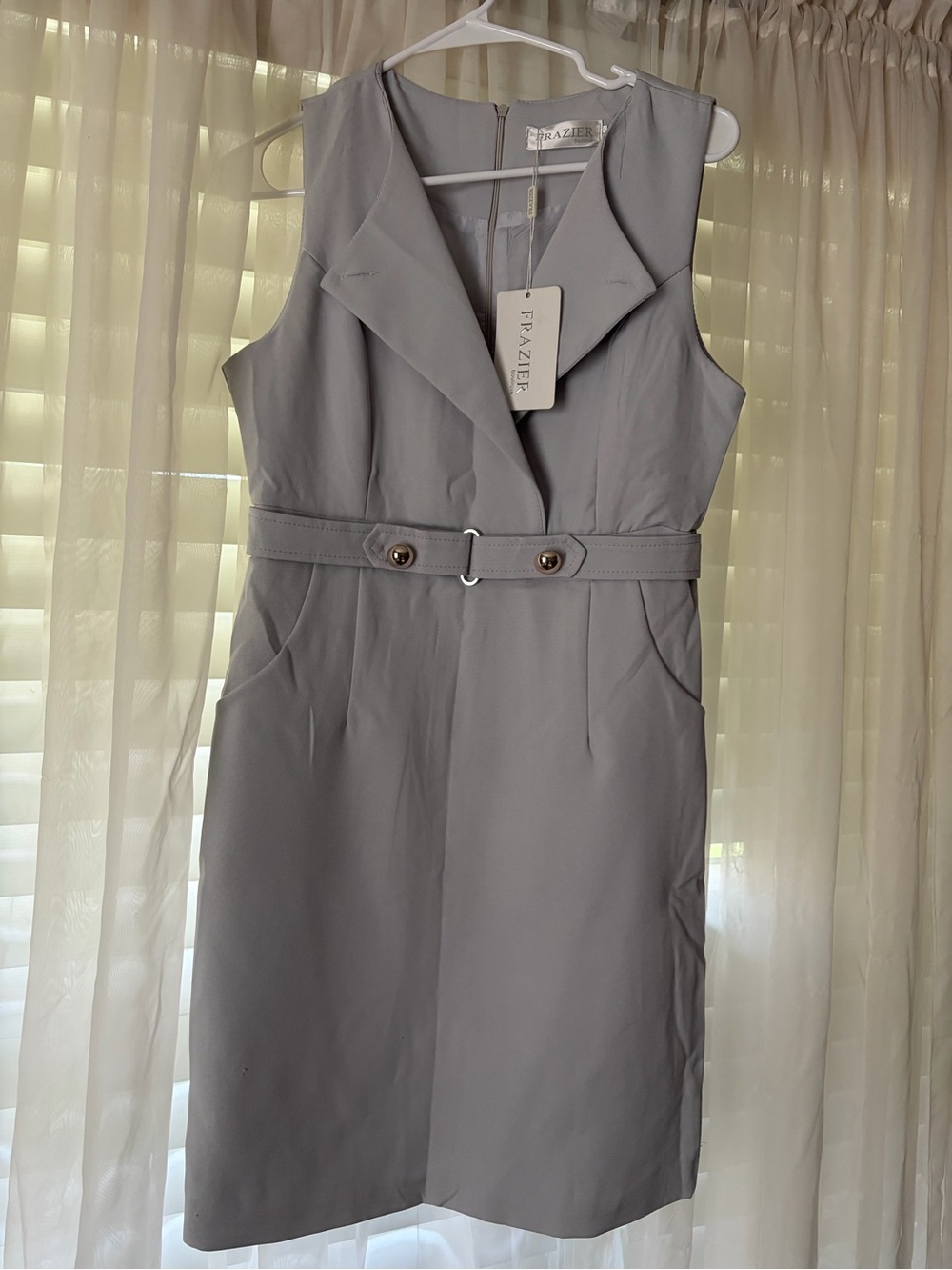 Razer Sleeveless Midi Sheath Dress in Light Gray with Notched Collar